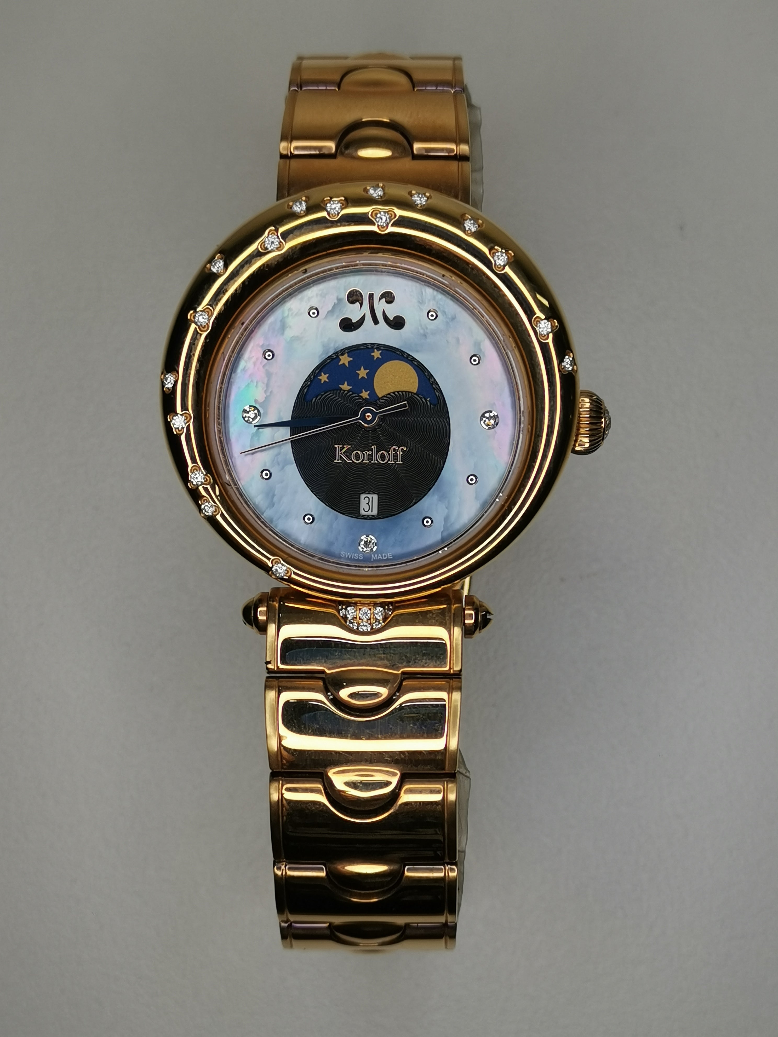 Korloff Swiss Diamond Ladies Watch – Mother of Pearl Dial – Moonphase – Gold Tone